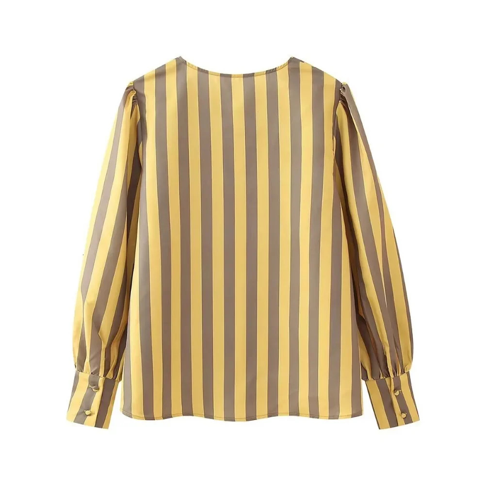 ZBZA Womens Loose Striped Shirt Simple Pleated Crew Neck Single Breasted Long Sleeves Casual Top Spring Summer Chic Shirt 250310