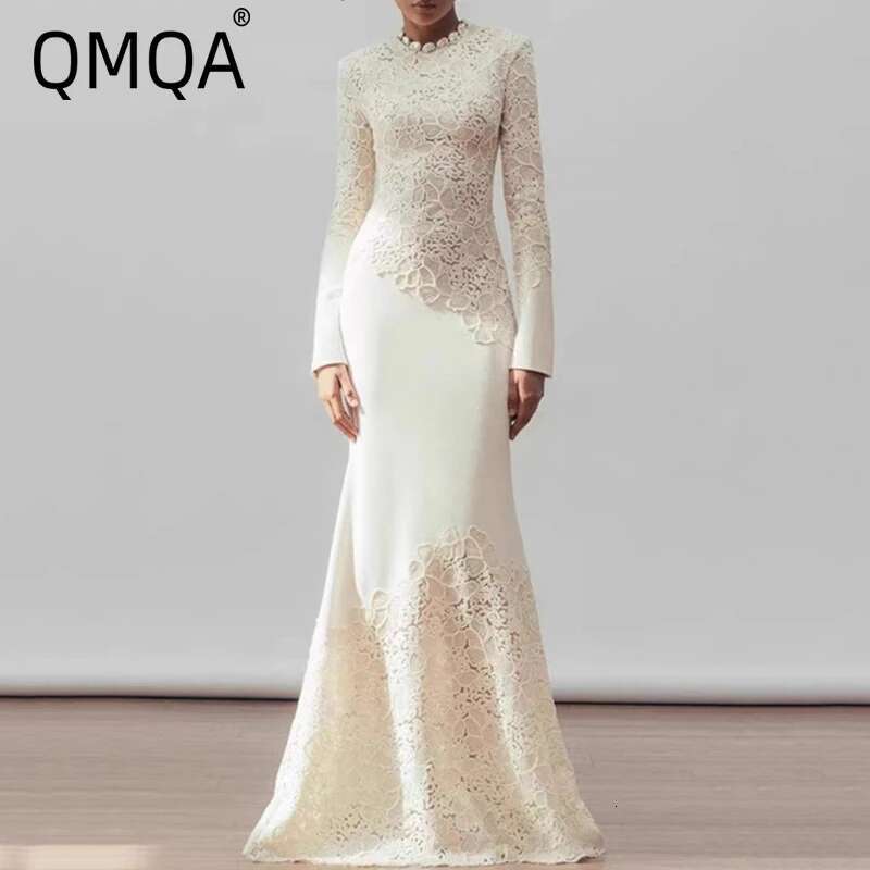 QMQA Fashion Women's Elegant Dresses Hook Wer Hollow Out Long-Sleeve High Waist Fishtail Maxi Dress 2025 Spring New 1A608