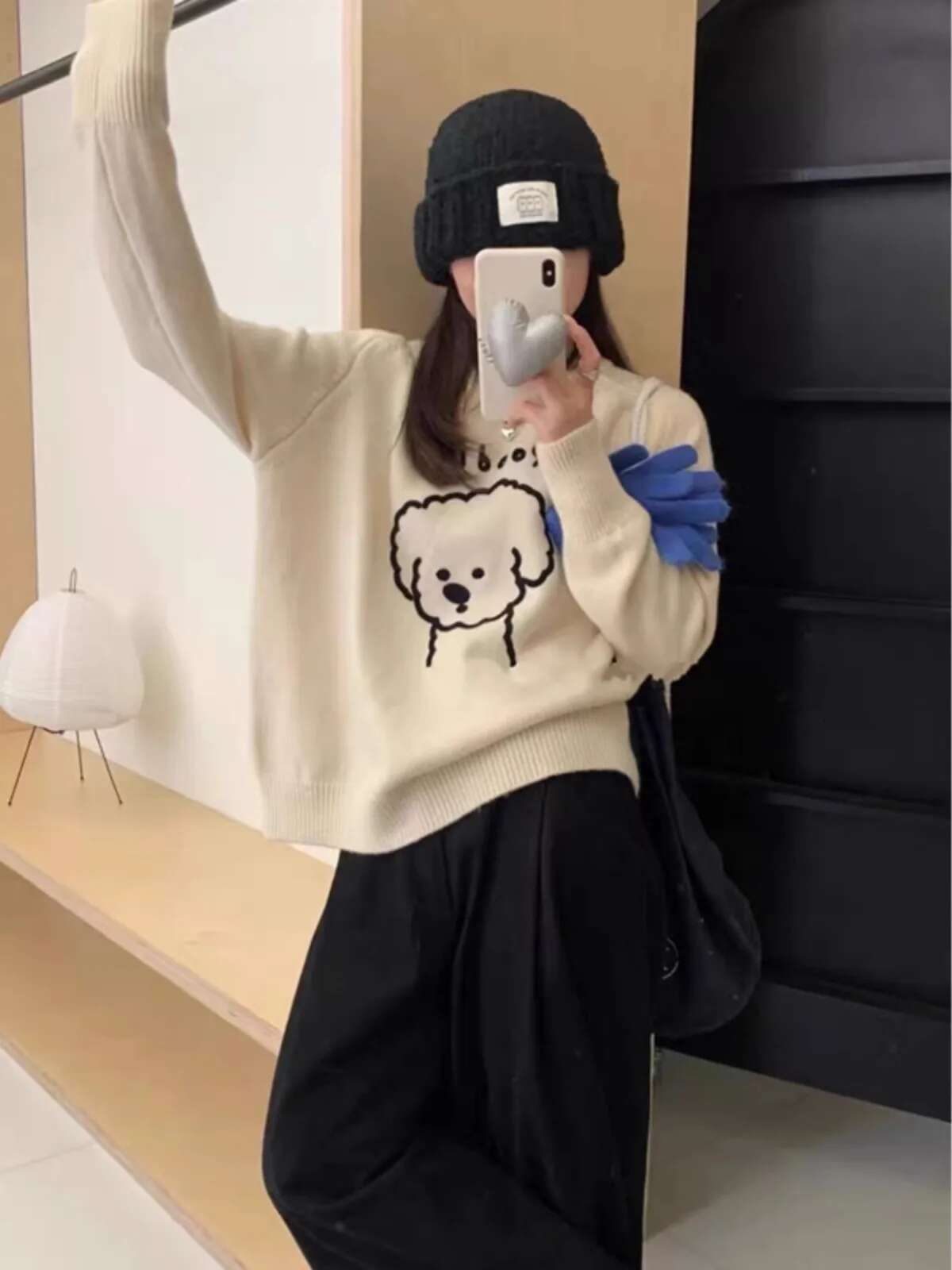 European Cartoon Dog 100 Pure Cashmere Women's Round Neck Korean Version Of Loose Jumper Knitted Bottom Sweater