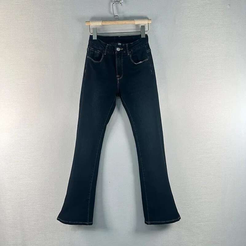 Dark Blue Split Flare Jeans Slim Office Women's Elegant Trousers