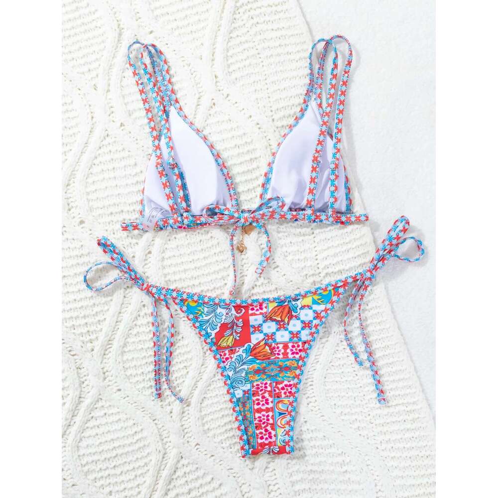 Colorful printed bikini set for women, sexy string, triangle bra, 2-piece swimsuit, straps, bare back, beach, holiday, swimsuits, 2024
