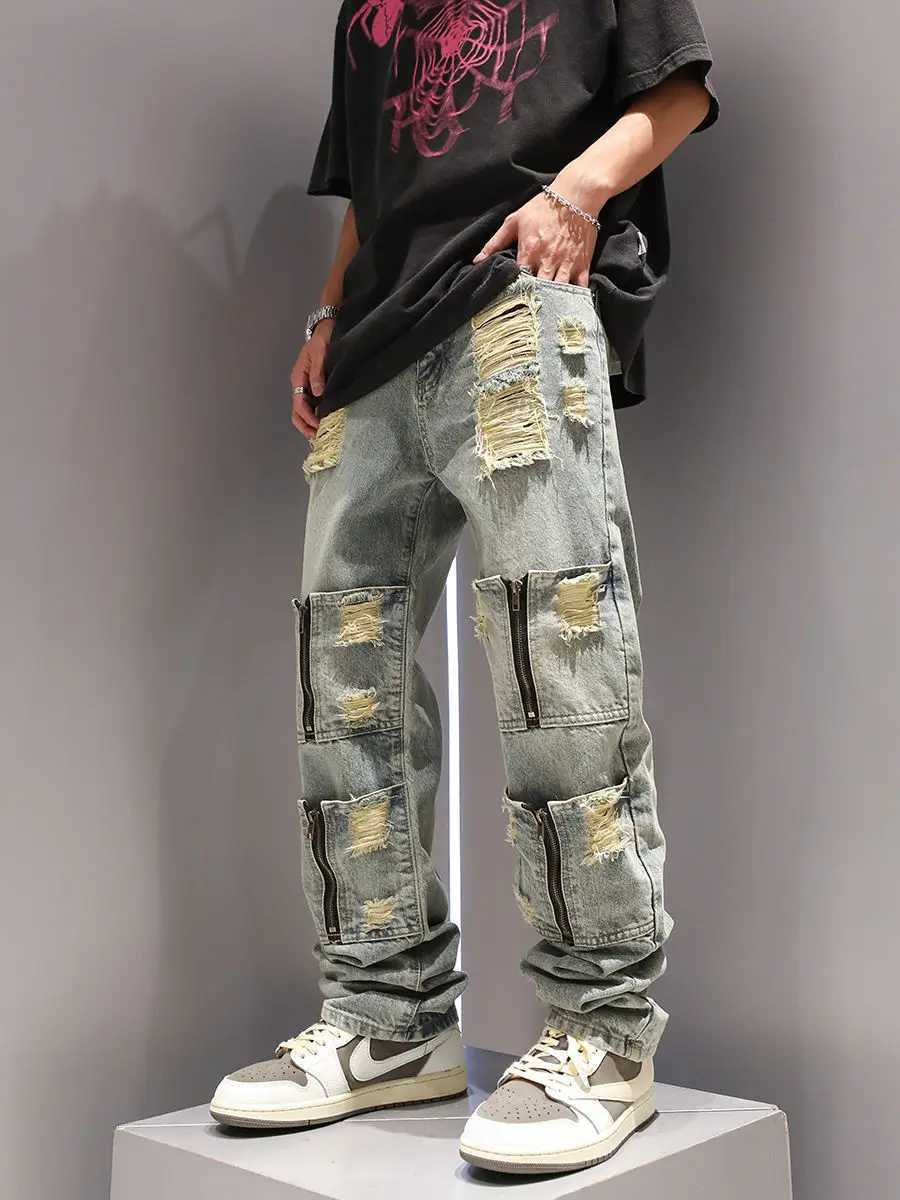 New multi zipper pocket washing and perforated jeans suitable for men and womens personalized straight leg retro casual pants y2k on the streetsT25031