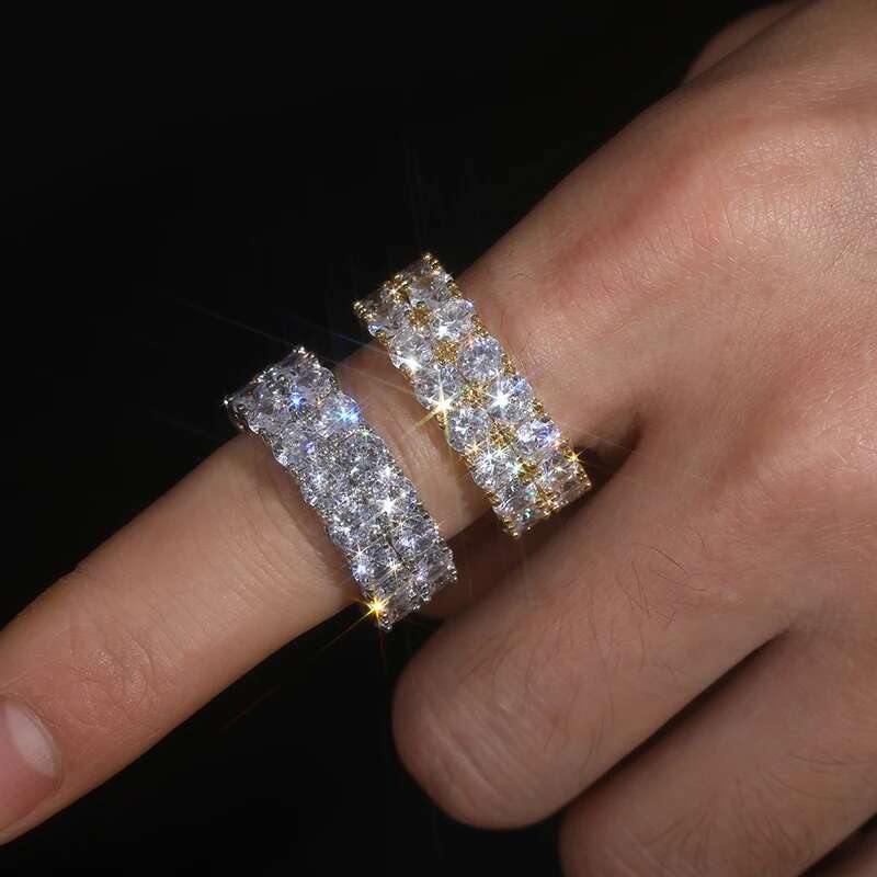 Rapper Rock Hip Hop High Quality Moissanite Iced Out Gold Plated Cuban For Men's Rings Fashion Jewelry 2 Row Stone S
