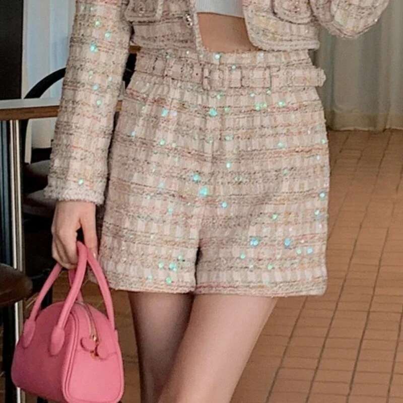 Women's High Waist Thin Sequin Waistband Fashion Elegant Shorts Female