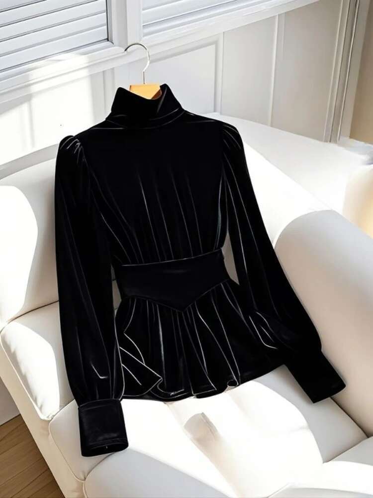 Temperament Lady Tops Veet Blouses For Women 2025 Camisas De Mujer Slim Waist Puff Sleeve Shirts Korean Vintage Chic Blouse