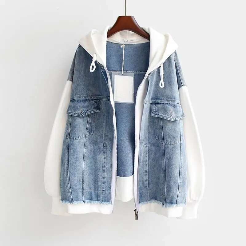 Fake Two-Piece Denim Hoodies Coat Women Spring Autumn Trend Cardigan Hoodie Casual Loose Hooded Baseball Jacket Streetwear Woman