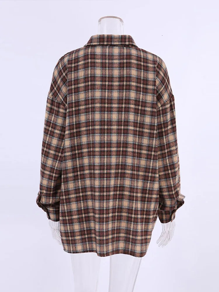 Casual Plaid Shirt Woman Loose 2025 Spring Lapel Buttons Womens Coat Full Sleeve Cozy Vintage Khaki Tops Office Lady Blouses 250310