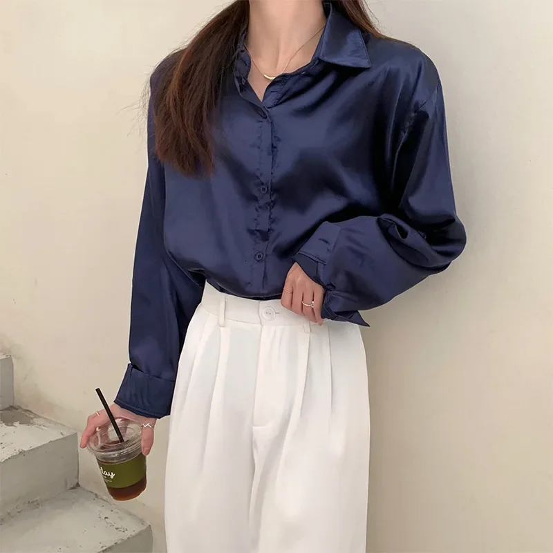 Pink Womens Loose-Fit Long Sleeve Silk Niche Versatile Vintage n Draped Shirt Fashionable Summer Casual Wear 250310
