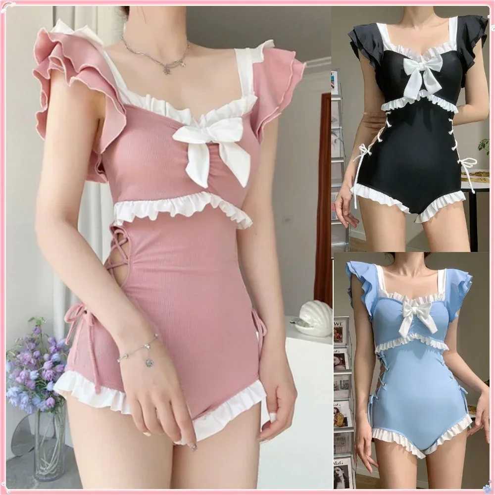 Kawaii Women Swimsuit Bikini One-Piece Monokini Sexy Push Up Korean Fashion Swimwear Girls Padded Beach Wear SwimmingXJ250315