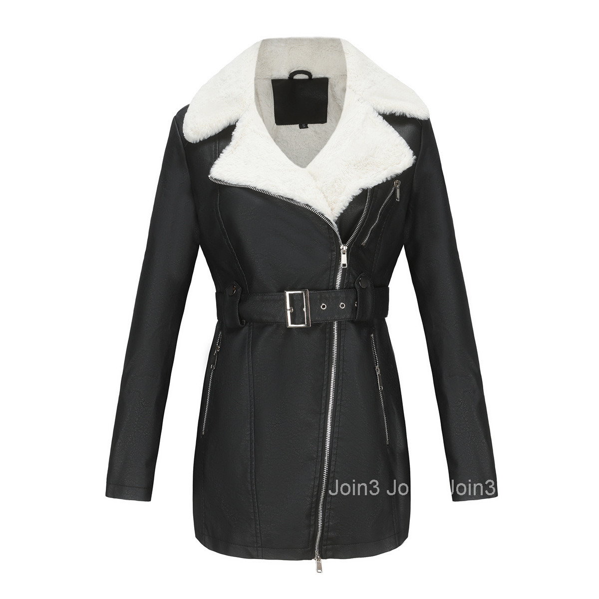 Fashion Autumn/winter New Long Sleeved Plush Leather Coat Womens Polo Double Head Zipper with Belt Warm Coat