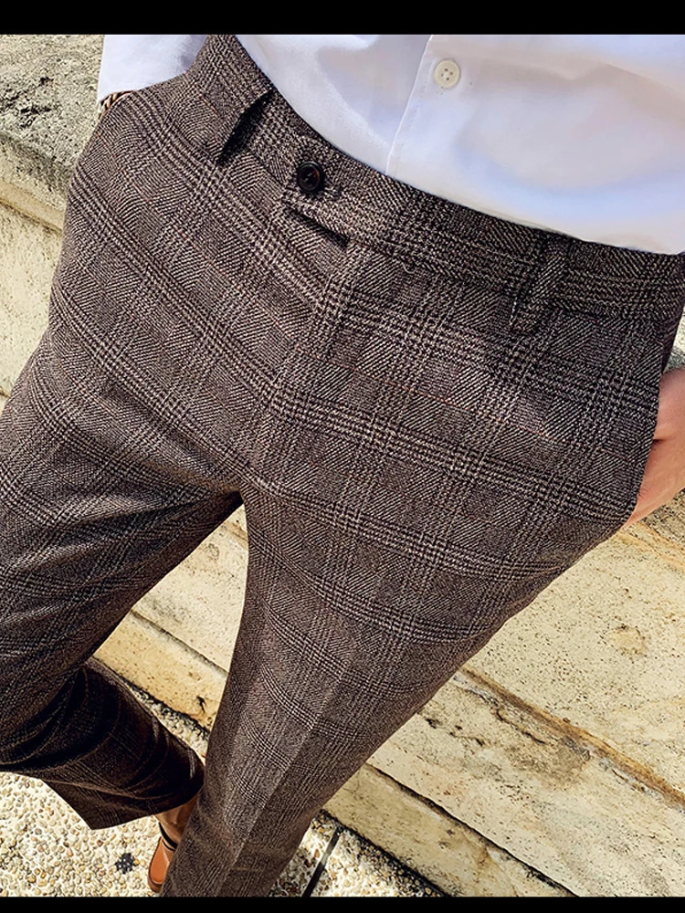 Boutique Classic Plaid and Striped Fashion Mens Casual Business Ultra Thin Set Pants Groom Wedding Dress Trouser Party 250313