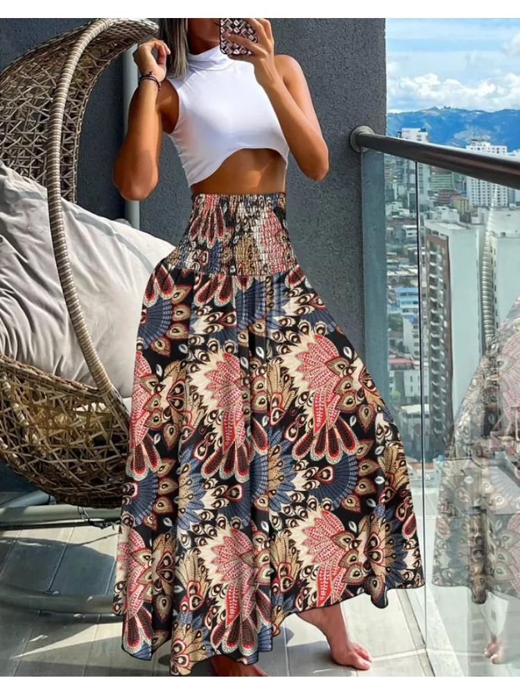 Womens Fashion Floral Print Folds Bohemian Elastic High Waist Skirt Ladies KneeLength Long Skirts For Women 250310