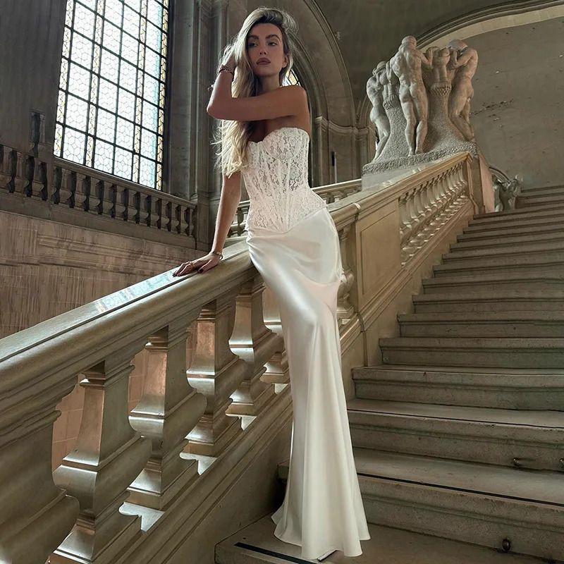 Leosoxs Retro White Two Piece Tight Set Sleeves Lace Tube TopTight Pants Elegant Party Evening Dress 250312