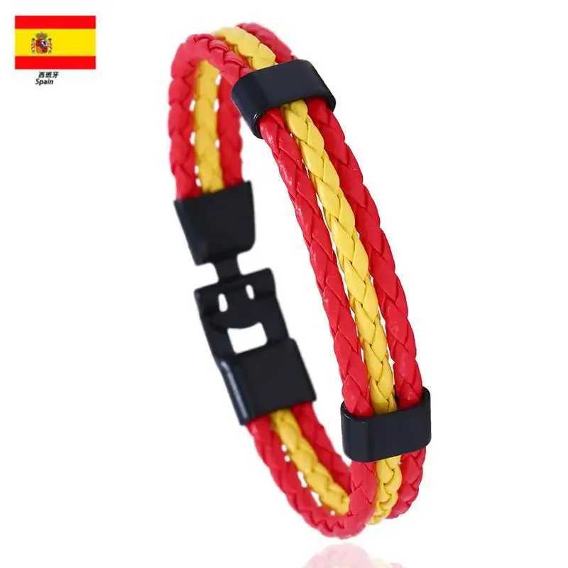 Flag Color ES Spain Multi layer Leather Bracelet Mens Bracelet Fashion Black Handle Mens Jewelry Pulseira MasculinaXJ250315