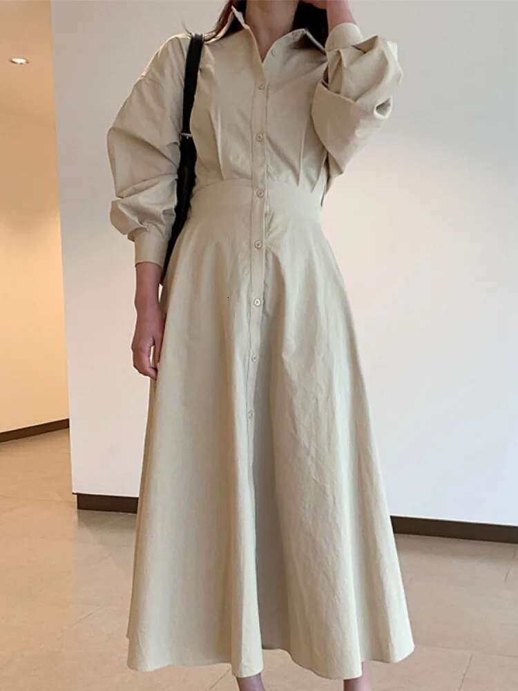 Y2k Autumn Solid Dress Women Fashion Long Sleeve Pleated Slim Waist A-E Dresses Temperament Single Breasted Simple Vestidos