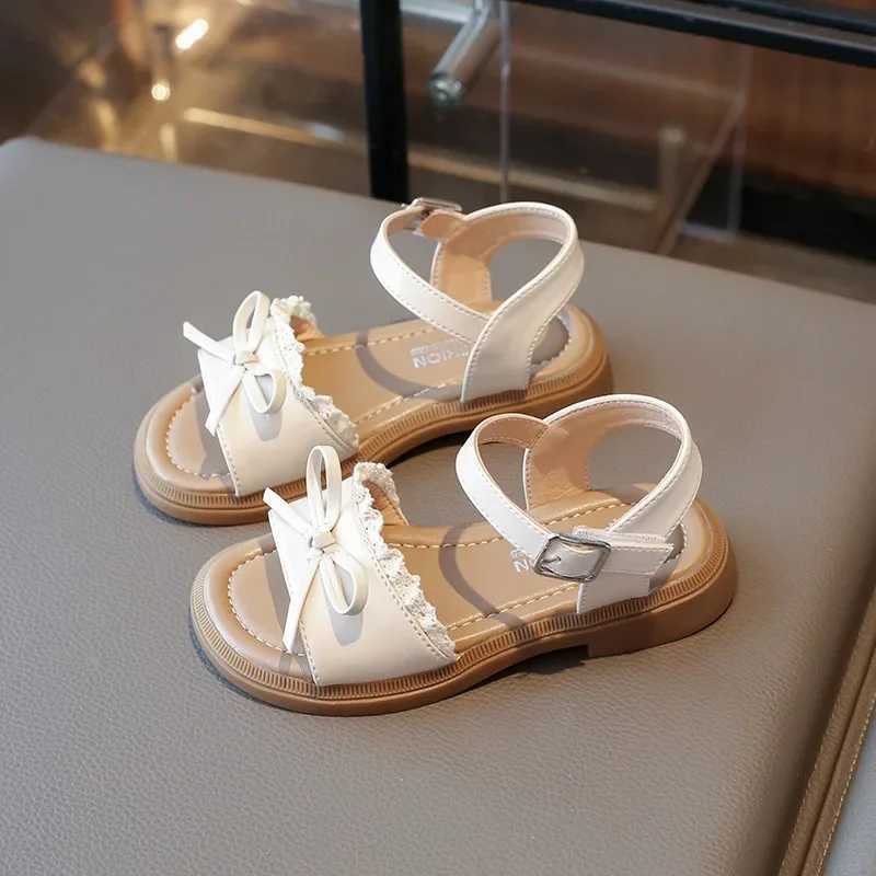 2025 Summer Little Girl Lace Sandals Korean Style New Sandal Beach for Children Fashion Bowknot Kids Causal Princess Flat SandalsT250315