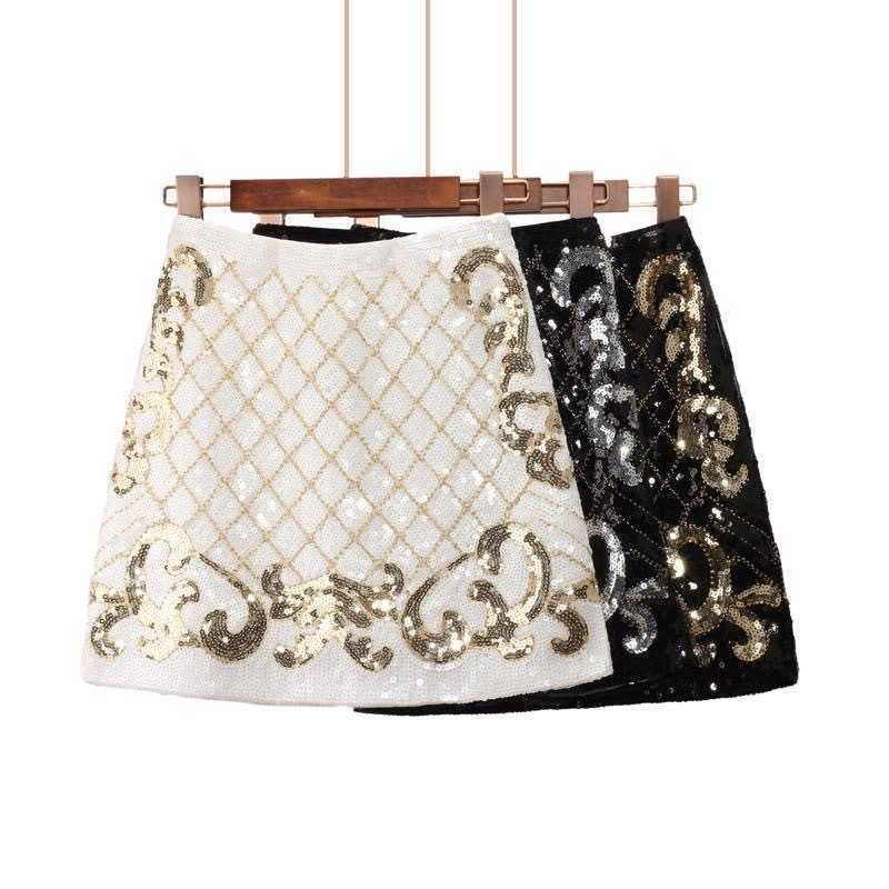 Skirts Womens Heavy Industry Edge Pearl sequin Abstract Pattern High Waist A-line Versatile Half Sleeve Short Sleeve Womens Y250314BRFM