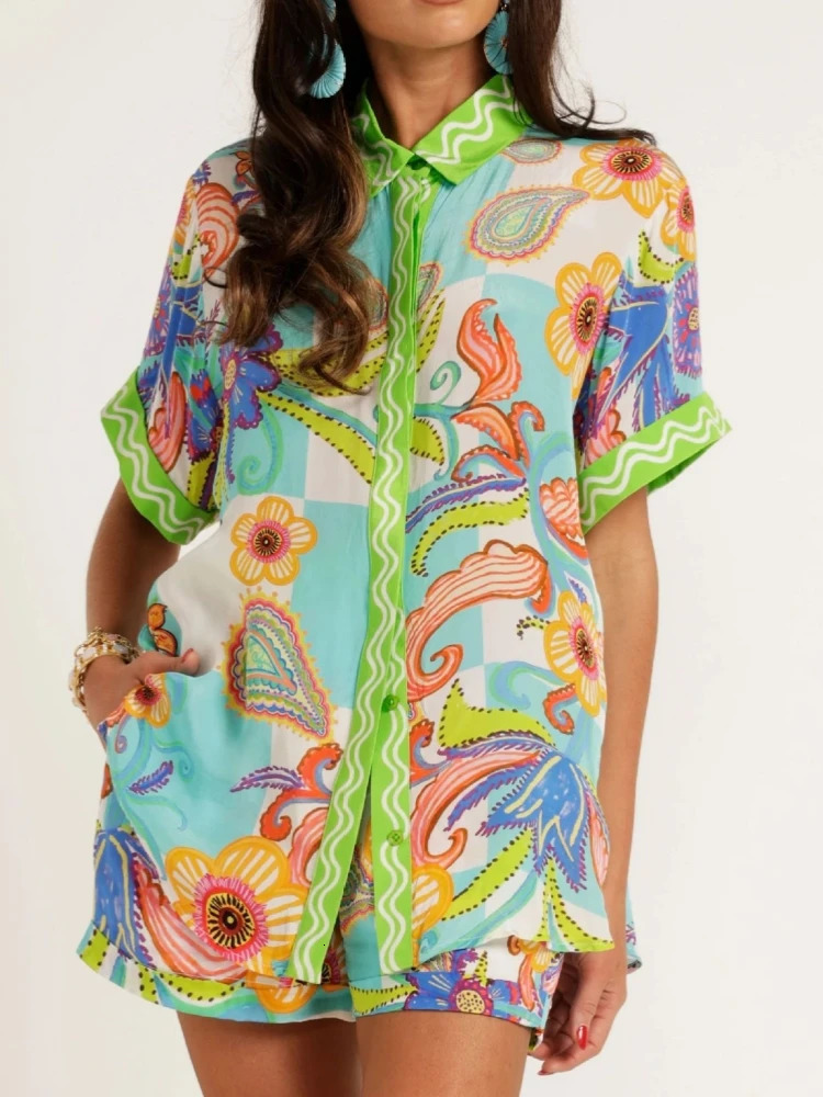 Bohemian satin retro print loose twopiece set womens casual short sleeved shirtshorts summer beach clothing 250313