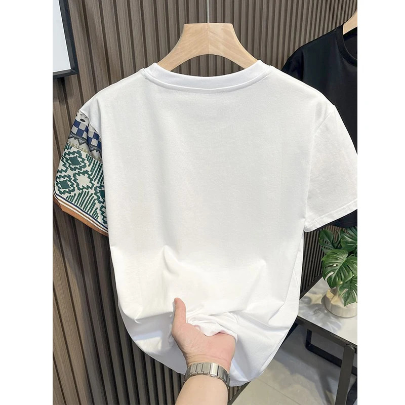Mens fashion printed patch work pocket short sleeved T-shirt summer casual round neck ultra-thin cotton bottom top Ropa Hombre 250314
