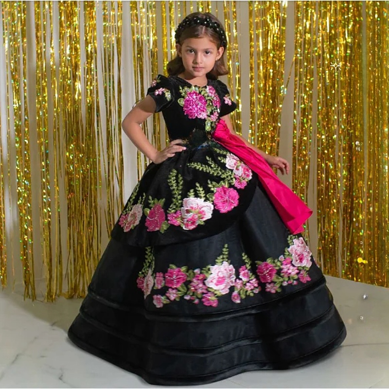 Floral Lace Appliques Little Girls Pageant Dresses Jewel Neck Short Sleeves Prom Birthday Dress Floor Length A-Line Kids Formal Wear Toddler Quinceane