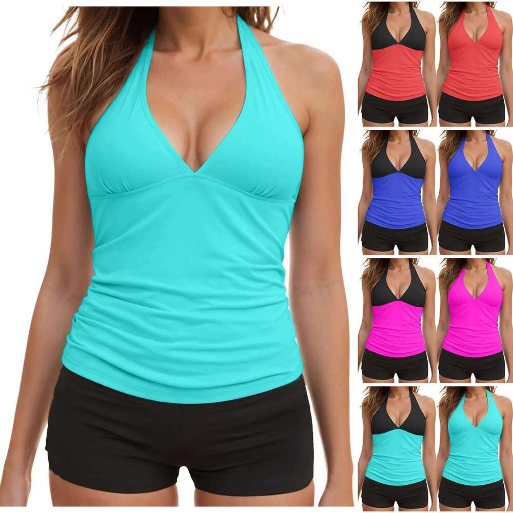 Two-piece swimsuit for women, tankini, V-neck, bare back, Y-shaped shorts, beachwear