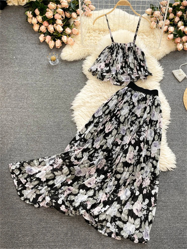 Womens summer vacation twopiece set spaghetti shoulder strap short top and hollow high waisted Midi skiing 250313