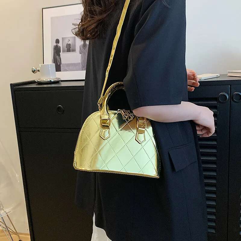 2025 New Checkered Quilted Lacquer Leather Women's Handbag Designer Fashion Korean Crossbody Bag Small Shell Handbag