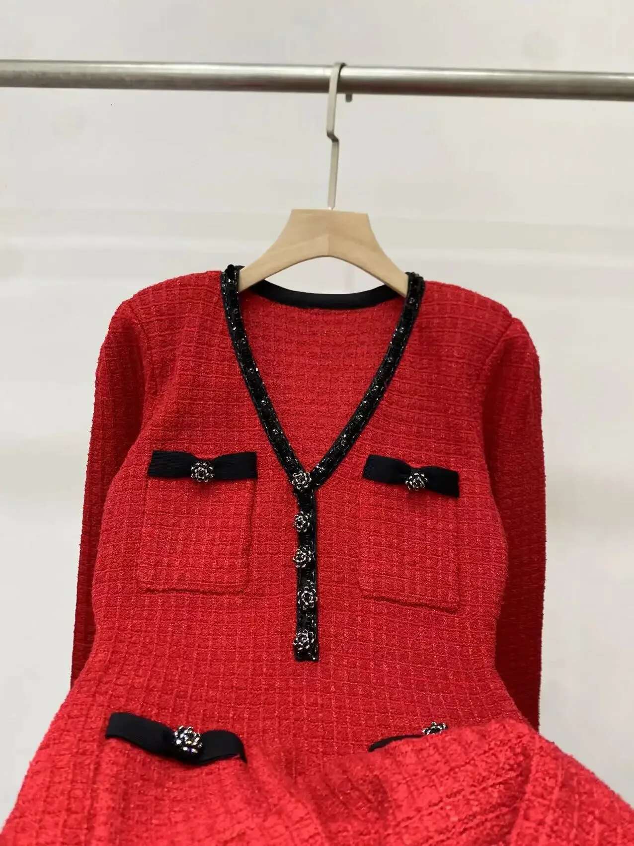 2024 Summer Women's V Neck Knitted Slim Fit Long Sleeve Pocket Office Ladies Elegant Mini Dress