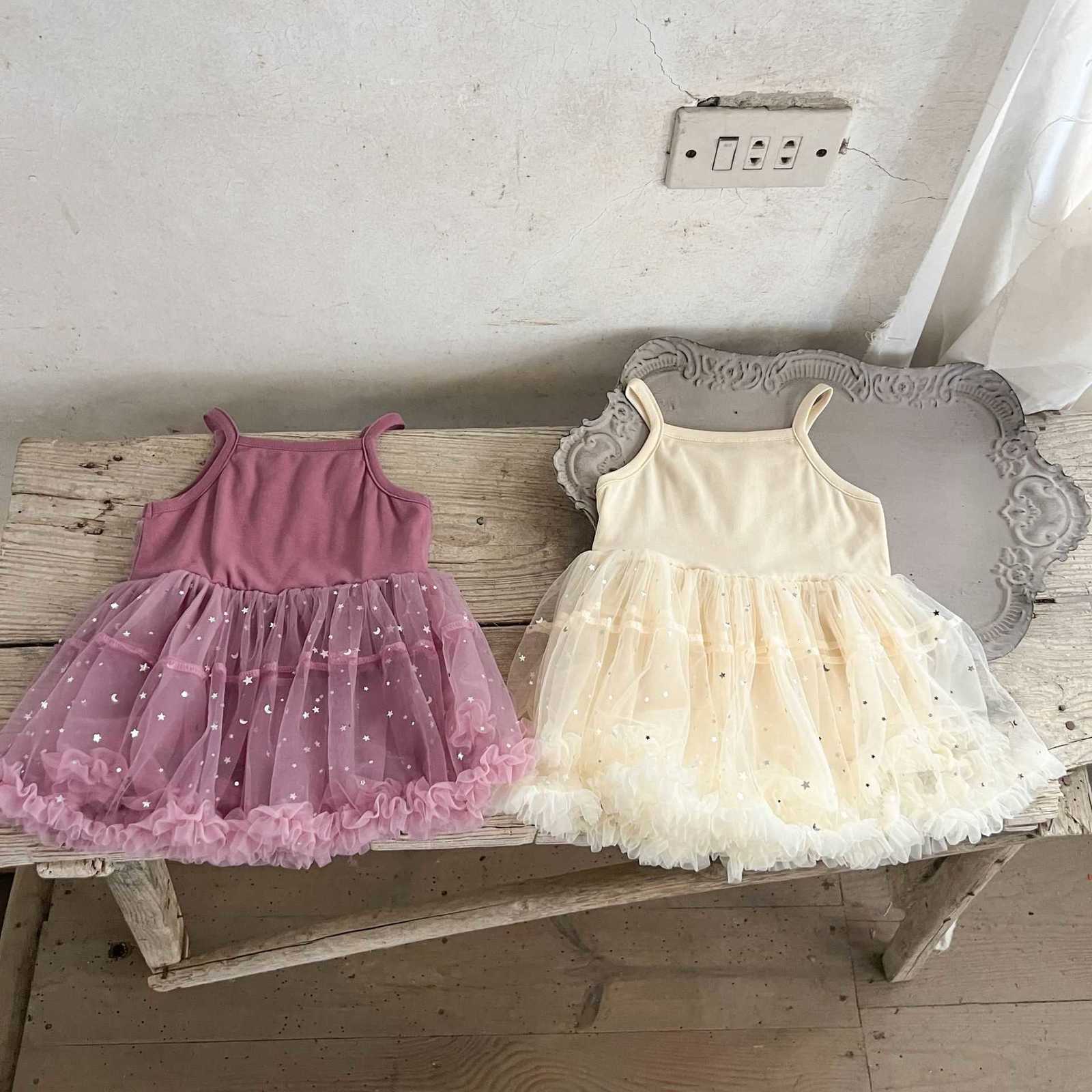 Girl's Dresses Summer Baby Girl Pure Cotton Two Color Exquisite Heavy Industry One Year Old Silver Star Moon Strap Dress for Infants and Toddlers