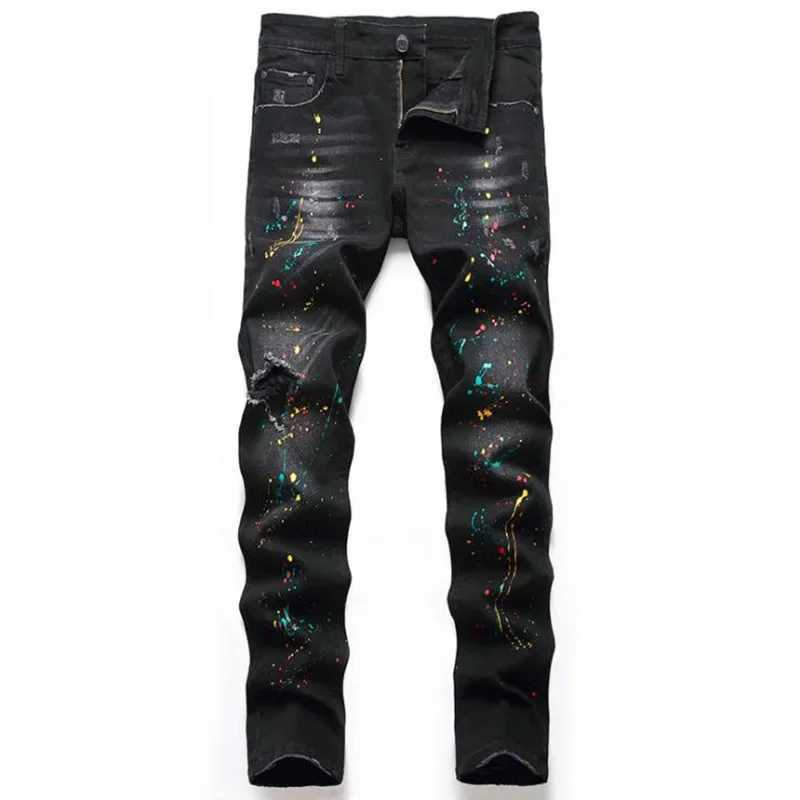 High Quality Men Casual Black Jeans Paint Slim Straight Hole Biker Jeans Autumn Jean Homme Male Denim Pants Plus SizeT250315
