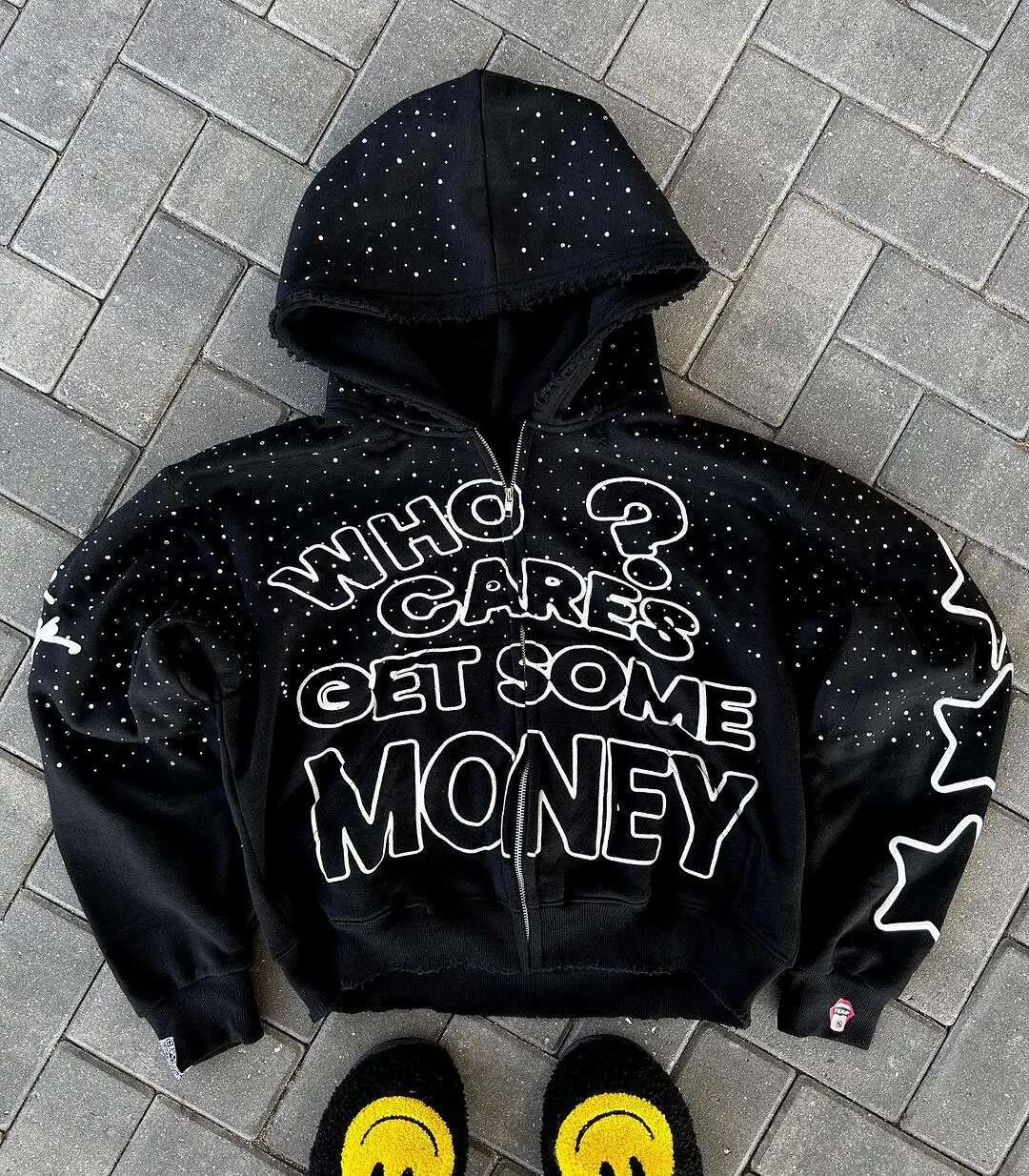 Who Cares Get Some Money Applique Zip Hoodie Womens Graphic Retro Streetwear Casual Hooded Printed Sweatshirt