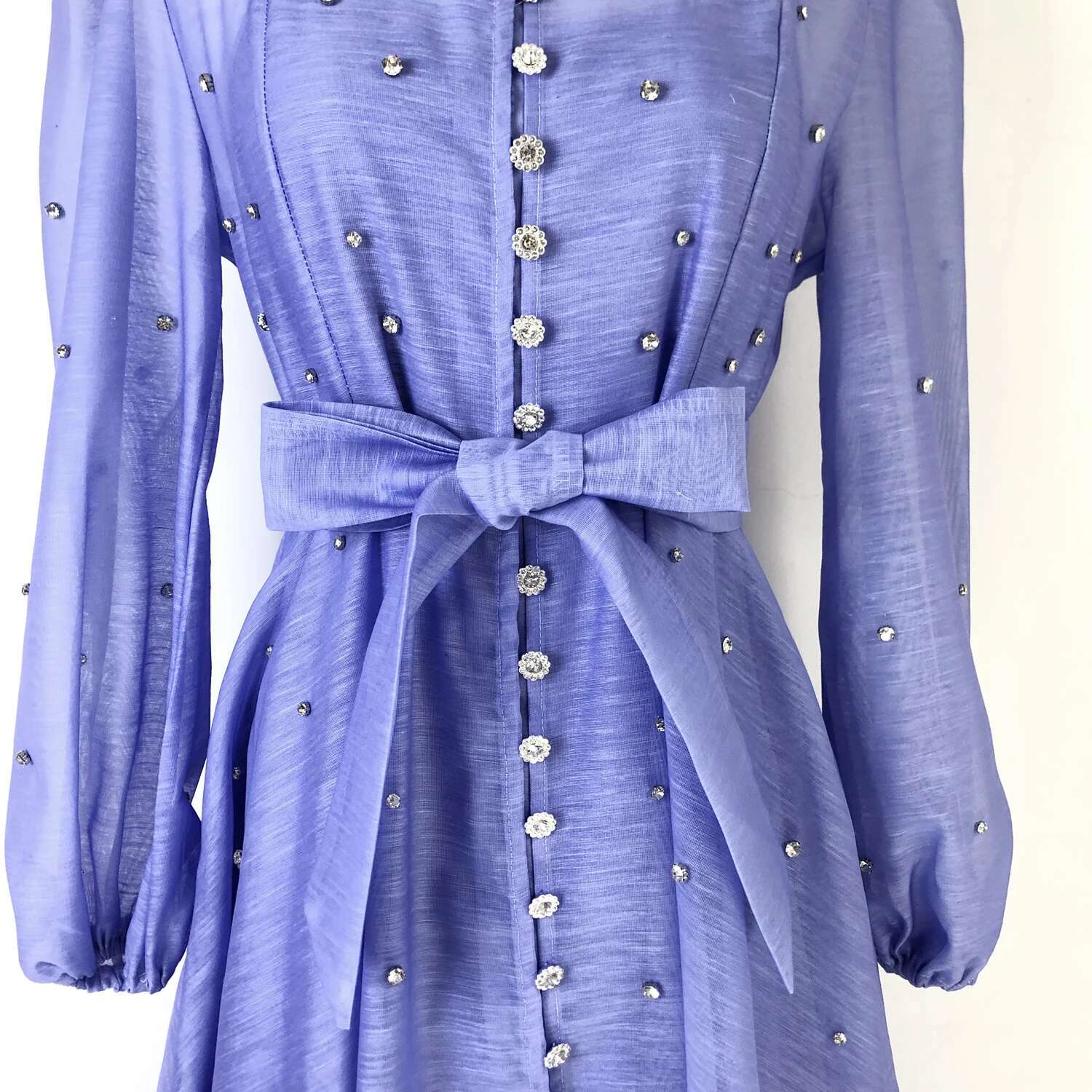 Elegant Beading Dia Mesh Prom Dress For Women Stand Collar Long Lantern Sleeve Single Breasted Belt Autumn Female Clothes