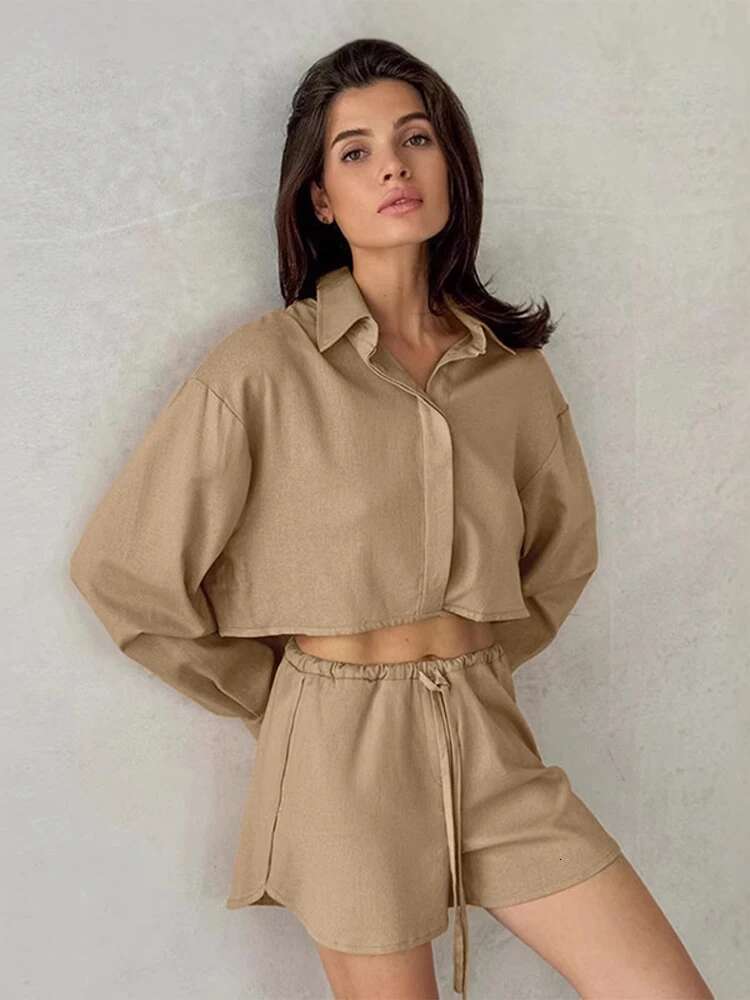 Women Two Pieces Sets Elegant Lapel Single Breasted Full Sleeve Lace Up Waist Shorts Female Suit 2025 Summer Lady Streetwears