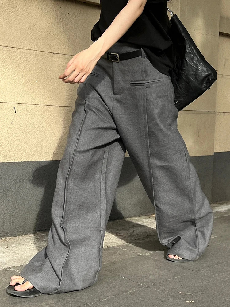 Reddachic mens pleated front gray suit pants high waist casual solid plain weave wide leg straight office womens formal clothing 250313