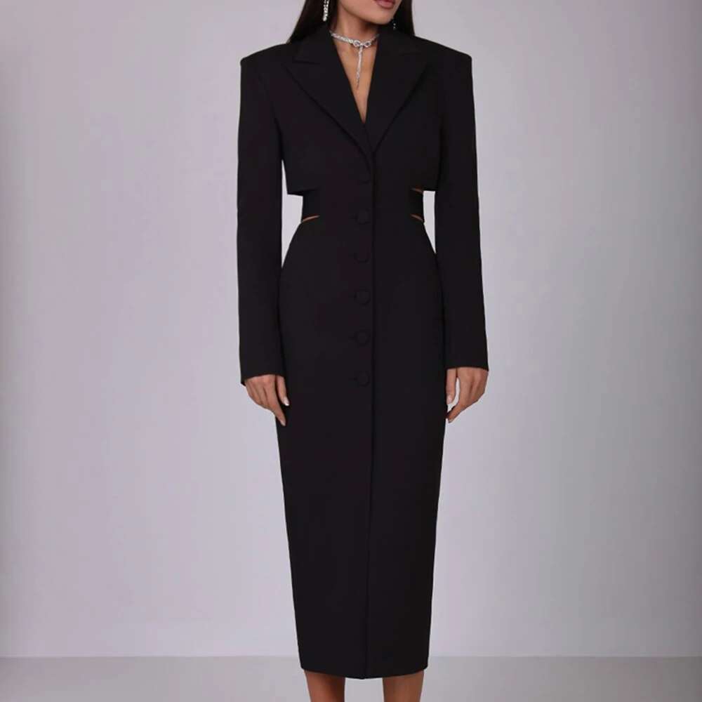 VGH Street Hollow Out Tunic Dresses For Women Notched Collar Long Sleeve High Waist Spliced Button Temperament Dress Female