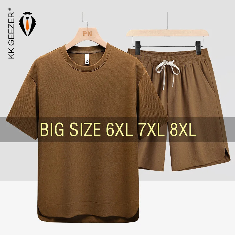 T Shirt Men Set Shorts Suit Oversize 6XL 7XL 8XL Plus Size Quick Dry Silk Short Sleeve Summer T-shirts Fashion Sportswear Loose 250310