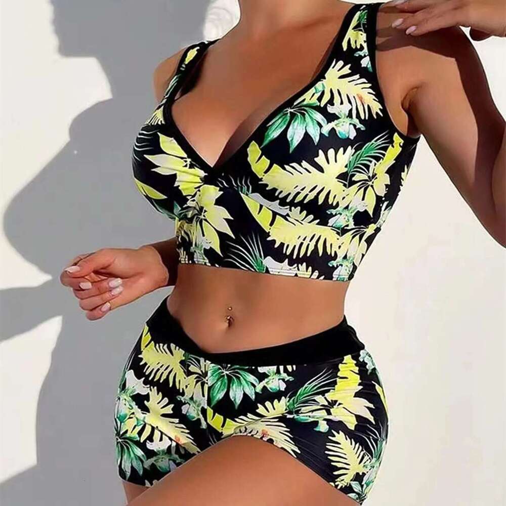 Two-piece printed swimsuit for women, high waist bikini, wide straps, push-up bra, summer clothing in