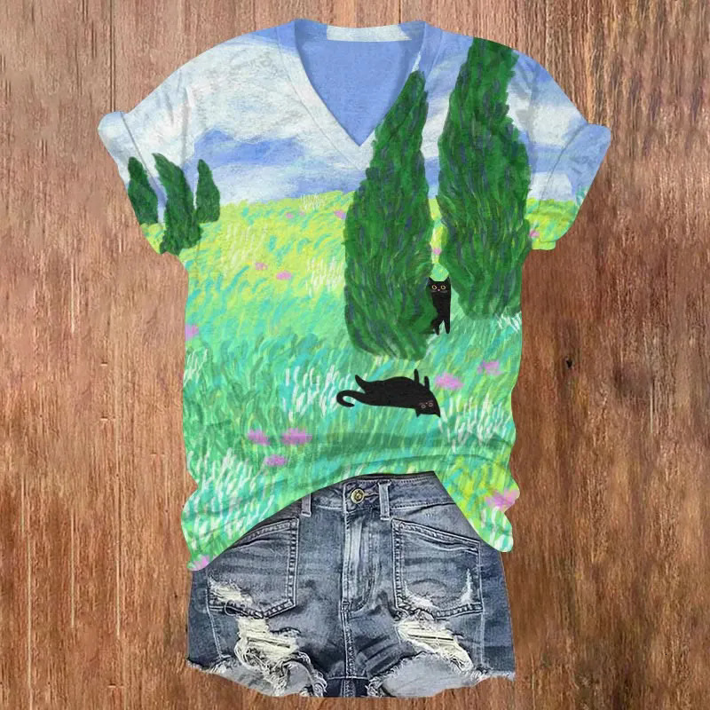 Hot Selling Printed Short Sleeved Style 3D Digital Cat Print Women's Clothing Simple V-Neck T-Shirt For Women