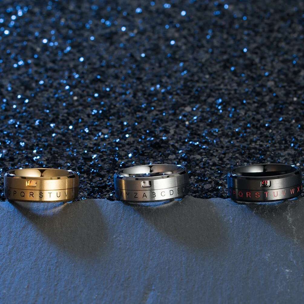 8MM Men's Stainless Steel Alphabet Number Spinner Ring Decoder Design Promise Engagement Wedding Band