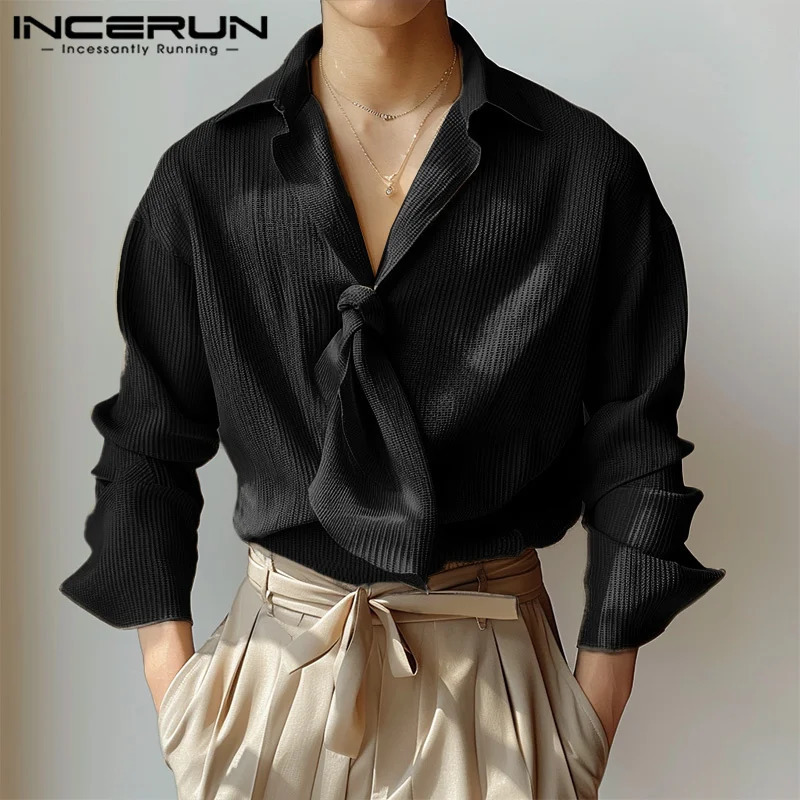 INCERUN Tops Korean style mens casual simple texture tie shirt for autumn and winter fashion mens long sleeved shirt S-5XL 250314