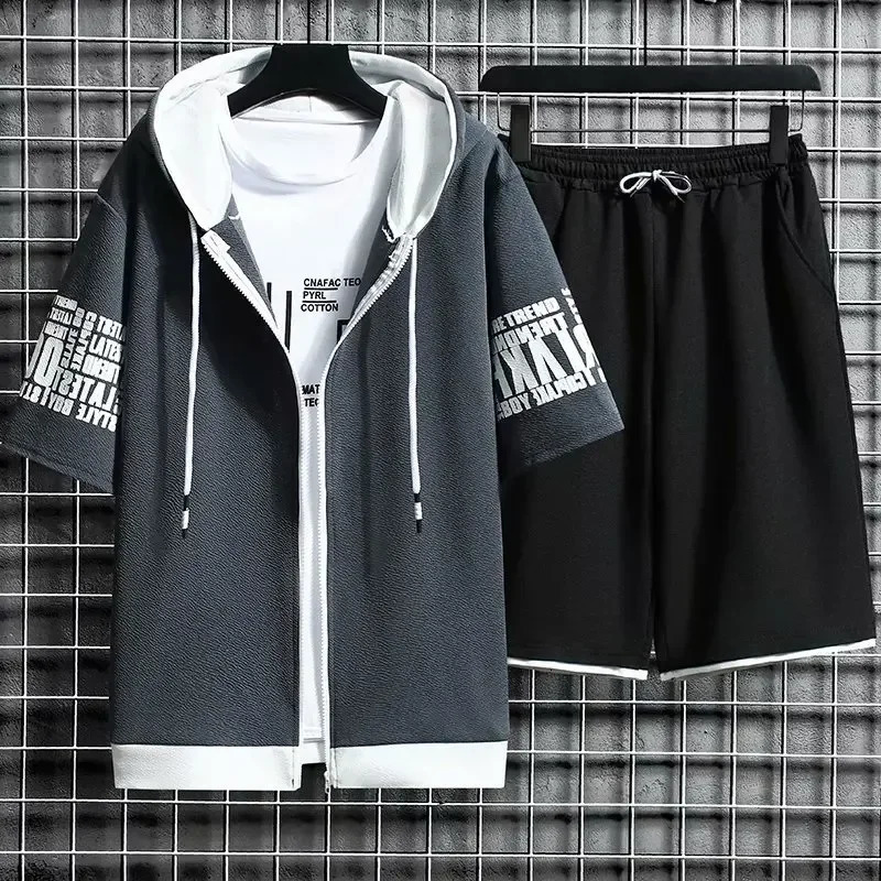 Summer Thin Mens Sports Suit 2-piece Set Casual Hooded Quick Dry Running Exercise Clothes Short Sleeve Shorts 250310