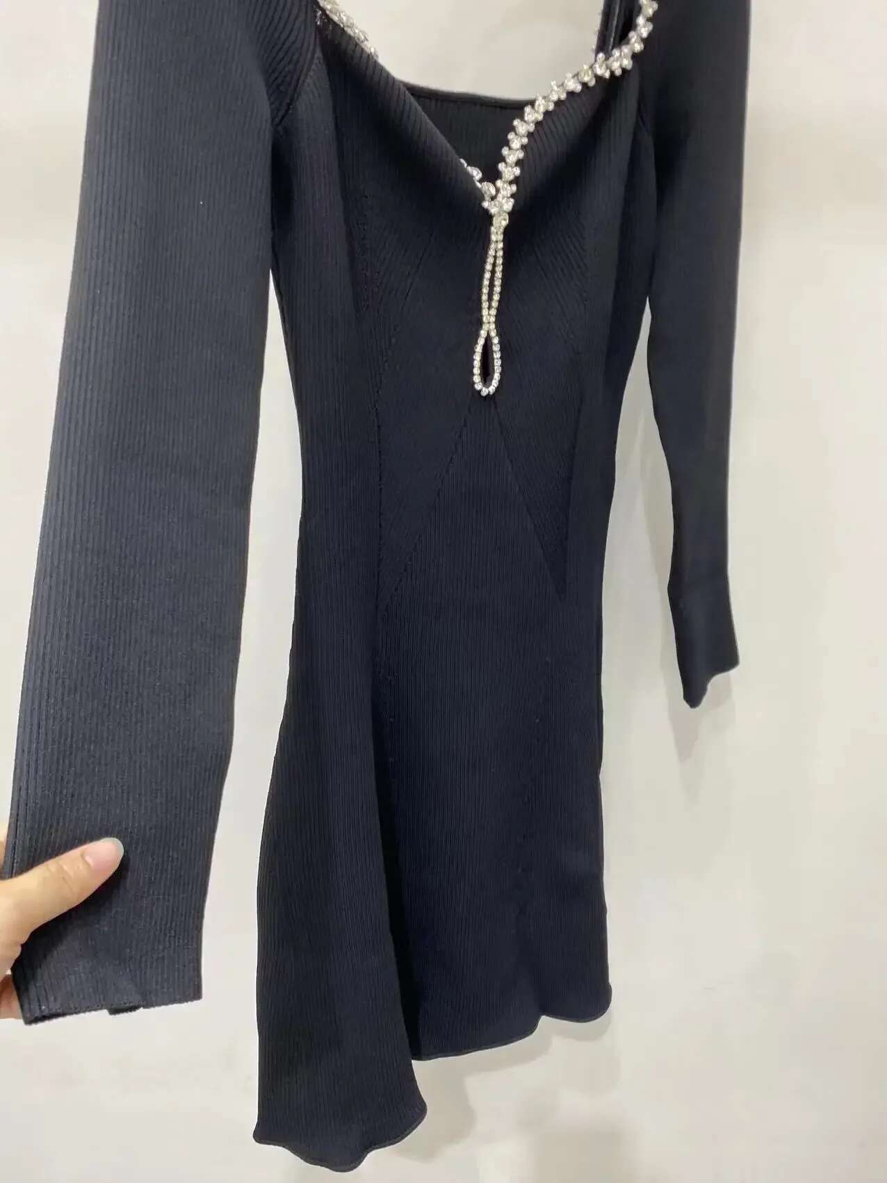 Women's Black Dia Mini Slim Long Sleeves Elegant Evening Party Dress Female