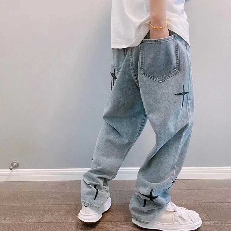 Mens Fashion Cool Style 2024 Blue Denim Pants Pocket Wide Leg Street Clothing Mens Cross Star Stickers Embroidered Design Jeans MensT250319