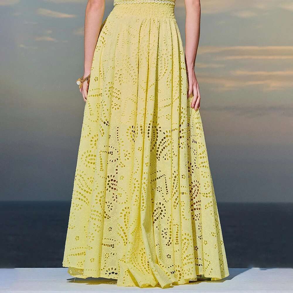 TWOTWINSTYLE Embroidery Two Piece Set For Women O Neck Sleeveless Hollow Out Top High Waist A E Skirt Slimming Sets Female