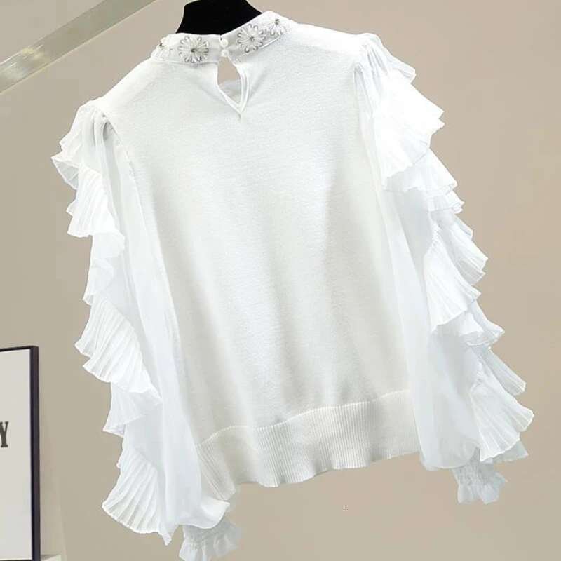 OCEANLOVE Lantern Sleeve Blouses Women Tops Ruffles Beading Autumn Winter Knitted Solid Blusas Mujer Korean Fashion Shirts