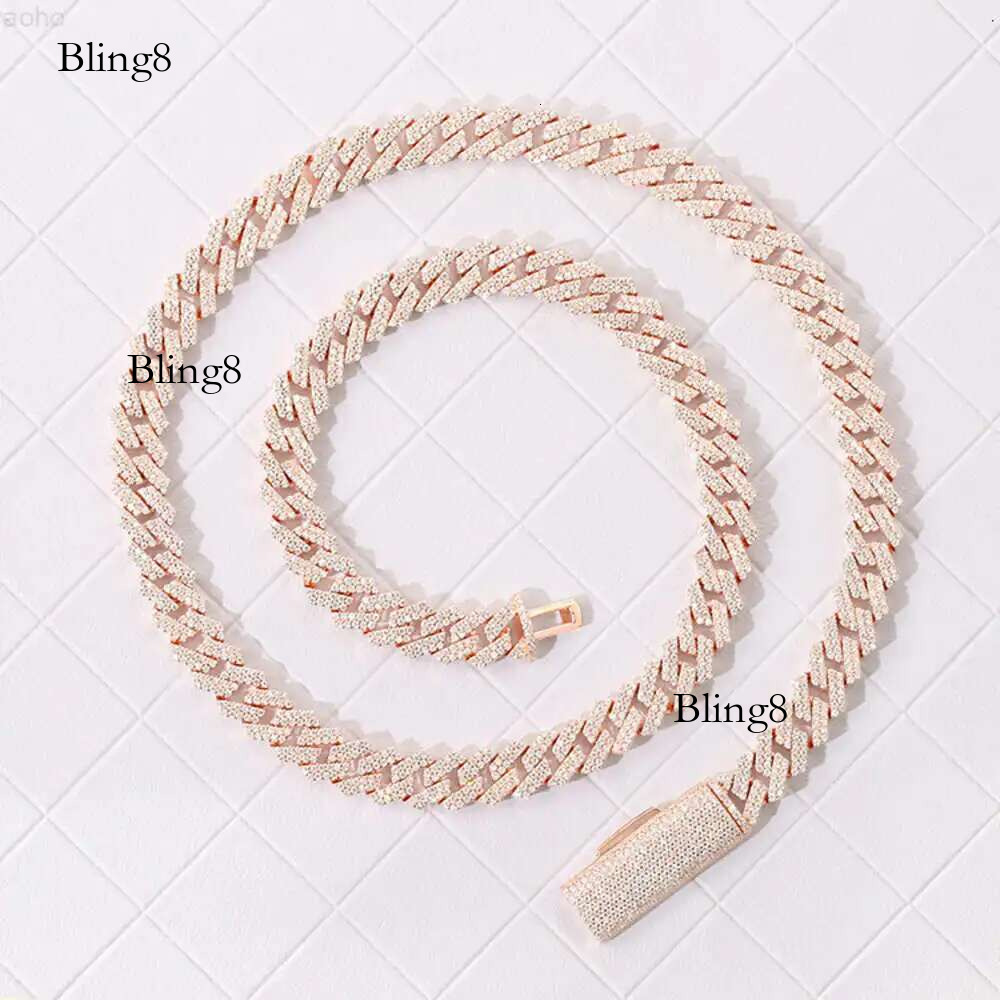 Pink Pure Sier Plated Gold 8mm Wide Handmade Insert 2 Rows Vvs Moissanite Cuban k Chain