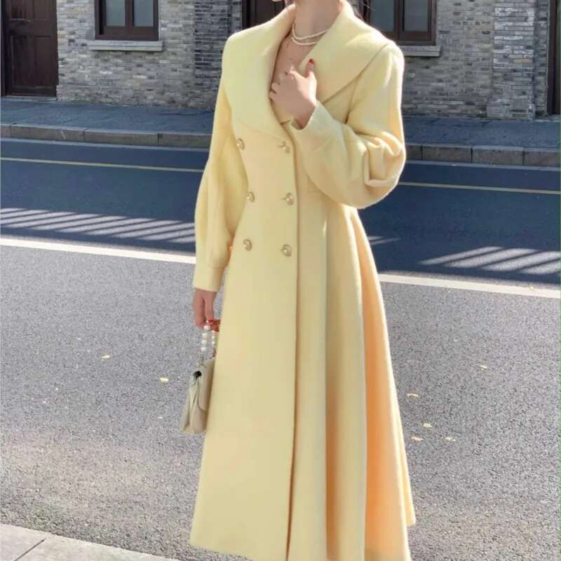 Fashion Women's Long Coats Winter New Outerwear Lapel Double Breasted Lantern Sleeve Solid Vintage Chic Woolen Overcoats 2024