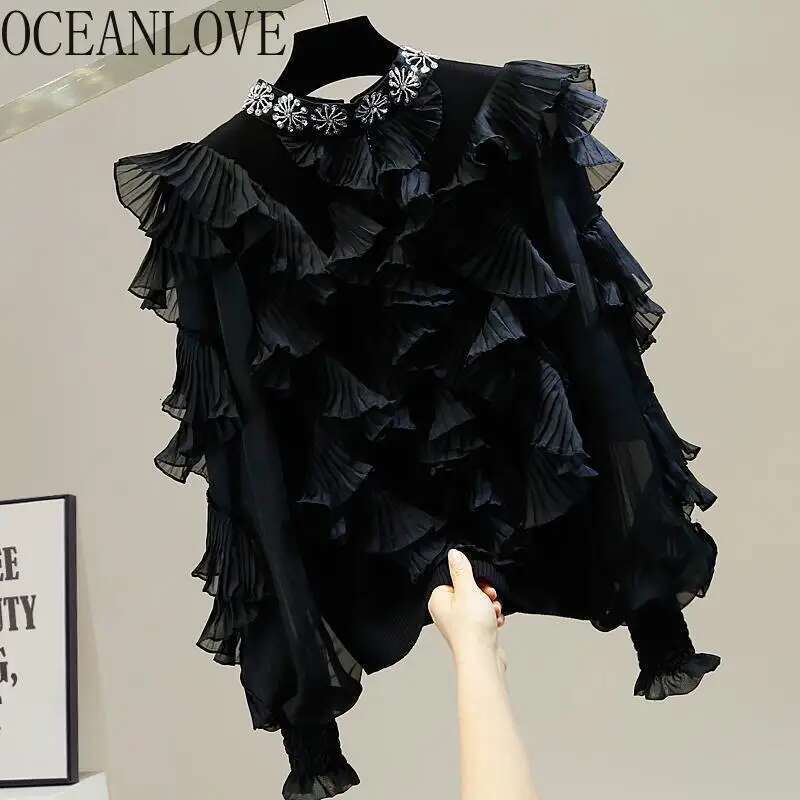 OCEANLOVE Lantern Sleeve Blouses Women Tops Ruffles Beading Autumn Winter Knitted Solid Blusas Mujer Korean Fashion Shirts