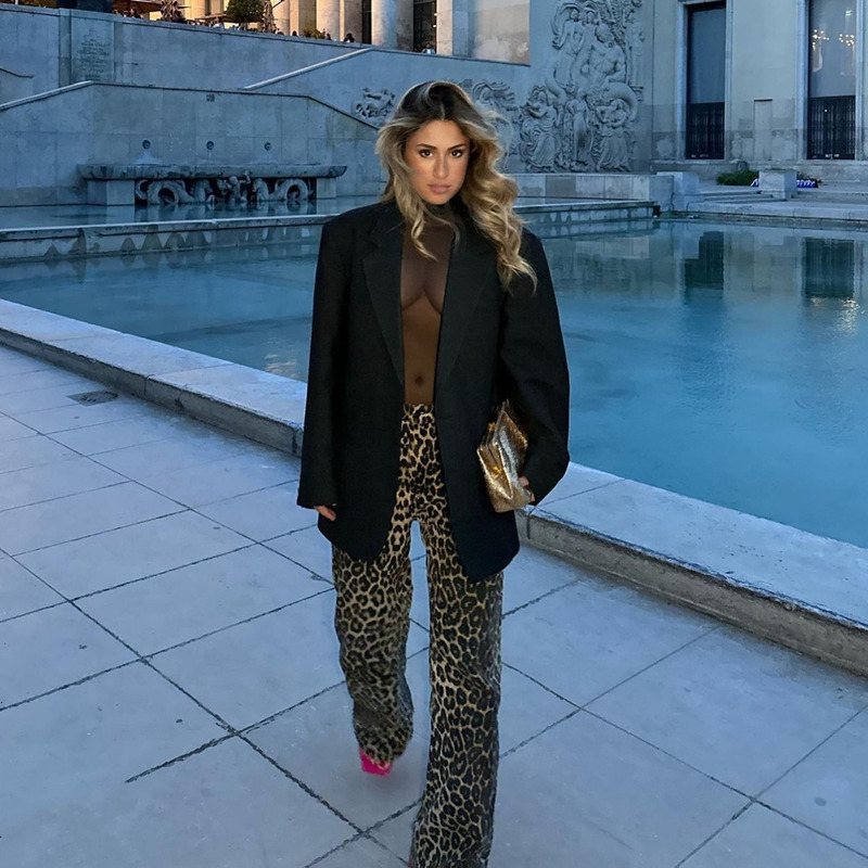 Trendy Straight Leg Leopard Print Casual Pants 2024 New Ins American Design Jeans
