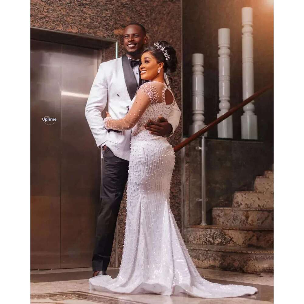 Customized bright heavy pearls open back arabic dress aso ebi wedding dresses with ruffled tires removable